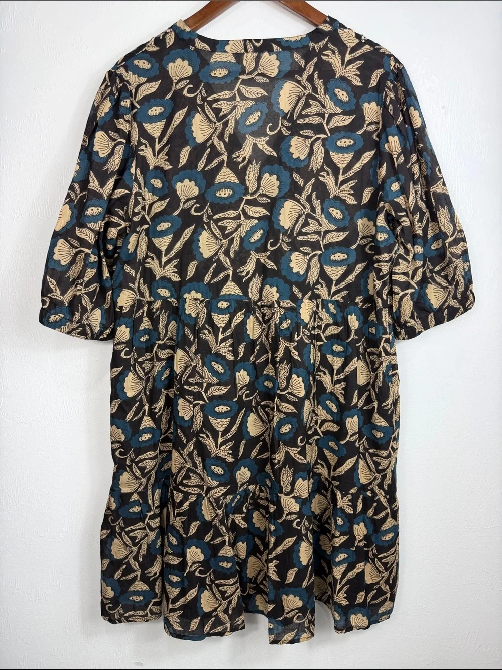 Maison 123 Paris Floral Cotton Embroidered Tiered Dress Blue Beige Size US 12